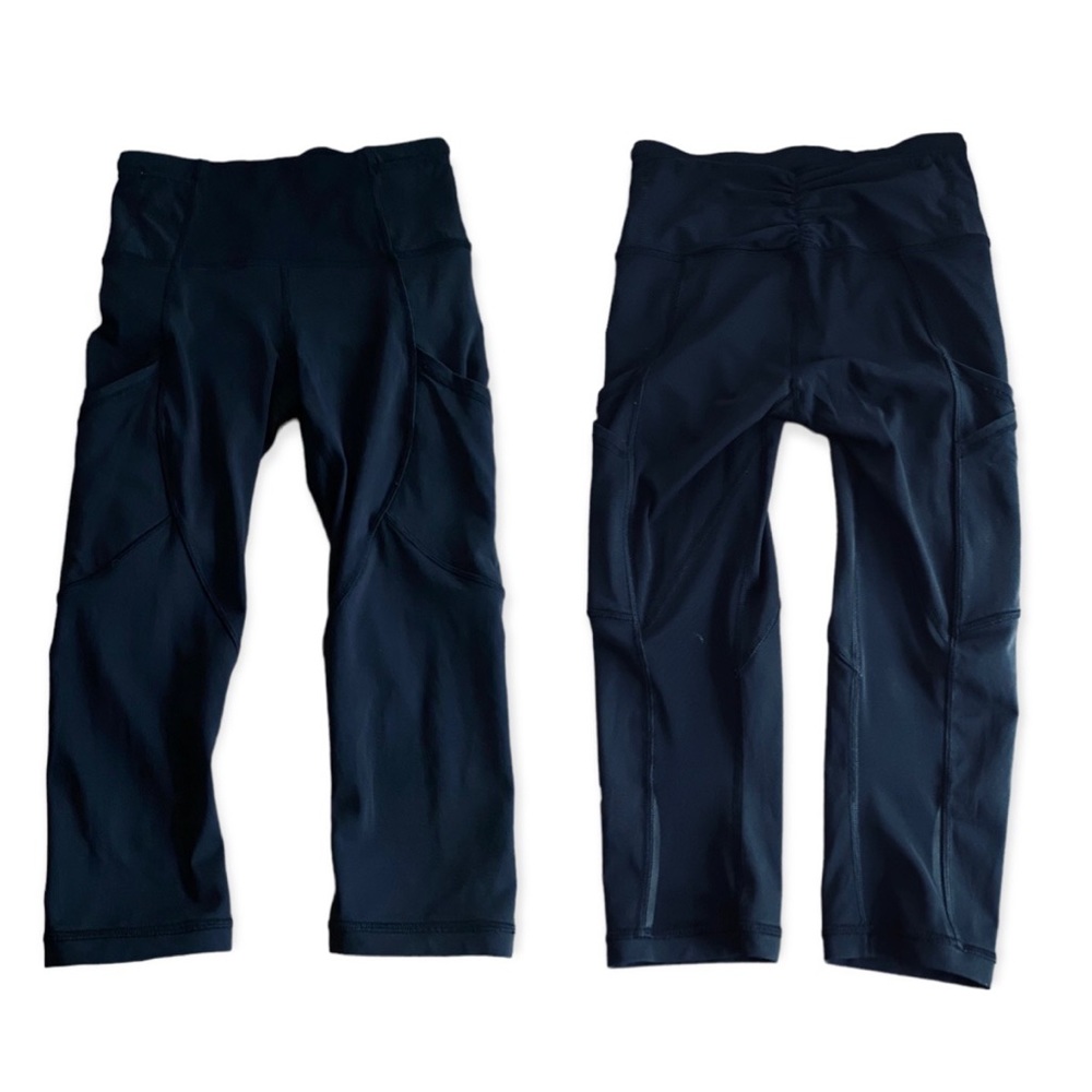 Lululemon Cropped Cycling Running Leggings 2 Ruched Waist Black Multiple Pockets